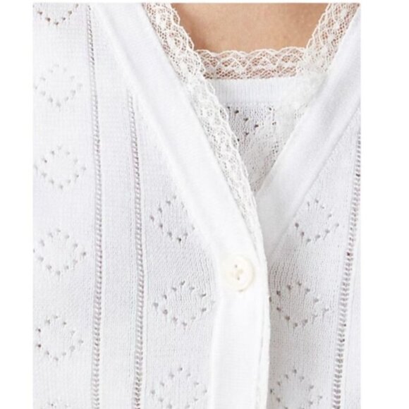 NWT J.Crew Sz L White Pointelle Short-Sleeve V-Neck Cardigan Ultra-Fine Cotton - Picture 2 of 9